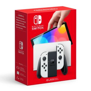 Nintendo Switch OLED 7-tollise ekraaniga kaasaskantav mängukonsool, mille ekraani külge kinnituvad kaks eemaldatavat juhtpulti.