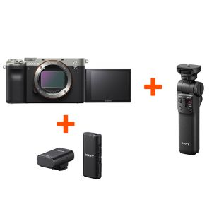 Sony hübriidkaamera a7c kere koos GP-VPT2BT statiivi ja ECM-W2BT mikrofoniga
