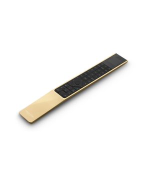 Bang & Olufsen BeoRemote One juhtpult on Bluetooth ühendusega, pulti ümbritseb kuldne alumiinium