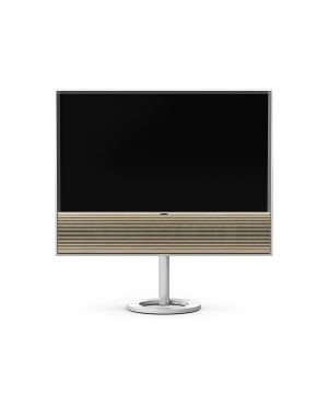 Bang & Olufsen BeoVision Contour 48" 4K OLED teler on koos kõlariga, mida katab puidust ribikate ning toetudes spetsiaalsele jalale saab hoida telerit põrandal