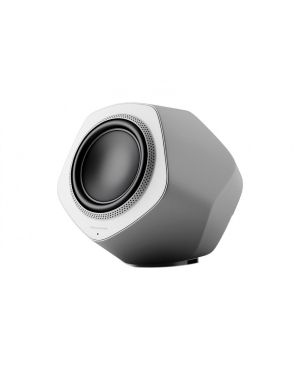 Bang & Olufsen juhtmevaba aktiivsubwoofer Beolab 19 pealmine kate on hallist plastikust ning kõlarit ümbritsevad hõbedased alumiiniumist detailid