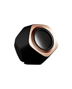 Bang & Olufsen juhtmevaba aktiivsubwoofer Beolab 19 pealmine kate on mustast plastikust ning kõlarit ümbritsevad pronksist alumiiniumist detailid
