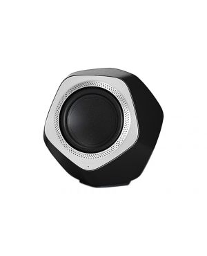 Bang & Olufsen juhtmevaba aktiivsubwoofer Beolab 19 pealmine kate on mustast plastikust ning kõlarit ümbritsevad hõbedased alumiiniumist detailid