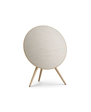 Bang & Olufseni Beoplay A9 multiruum wifi kõlar on taldriku kujuline, mida hoiavad püsti kolm puidust jalga