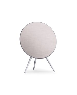 Bang & Olufseni Beoplay A9 kõlari kate on roosakas-valgest kangast, kõlarit ümbritseb alumiiniumist raam ning jalad on heledast alumiiniumist