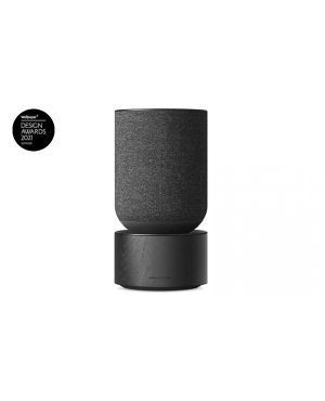 Bang & Olufseni Beosound Balance multiruum Wifi kõlar on mustast puidust alusel tumehallist kangast kõlari kattega