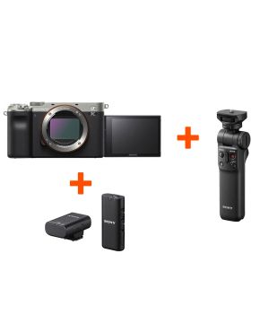 Sony hübriidkaamera a7c kere koos GP-VPT2BT statiivi ja ECM-W2BT mikrofoniga