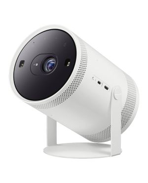  Valge Samsung 30-100“ Full HD projektor/teler  The Freestyle (Gen 2) 360° heliga. Silindrikujuline kere, mis toetub õhukesele alusele. Ühel küljel  Micro-HDMI ja USB-C pesa.
